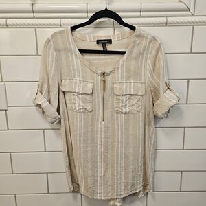 Ellen Tracy Beige and White Striped Zip-Front Tunic